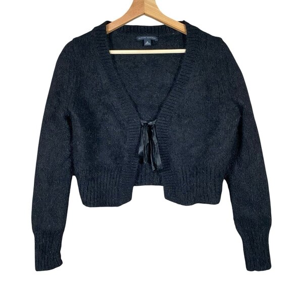 VTG Banana Republic Sweater M Black Fuzzy Angora Cropped Cardigan Bow Tie Front - Picture 1 of 13